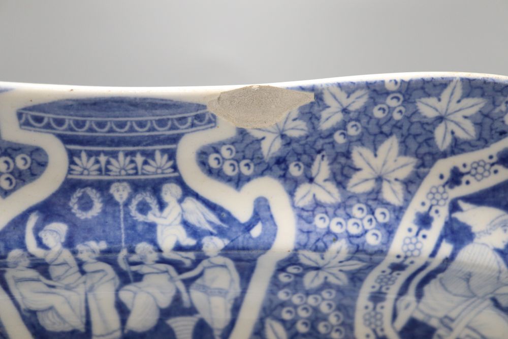 A Victorian blue and white meat plate, depicting scenes from Greek mythology, length 41cm